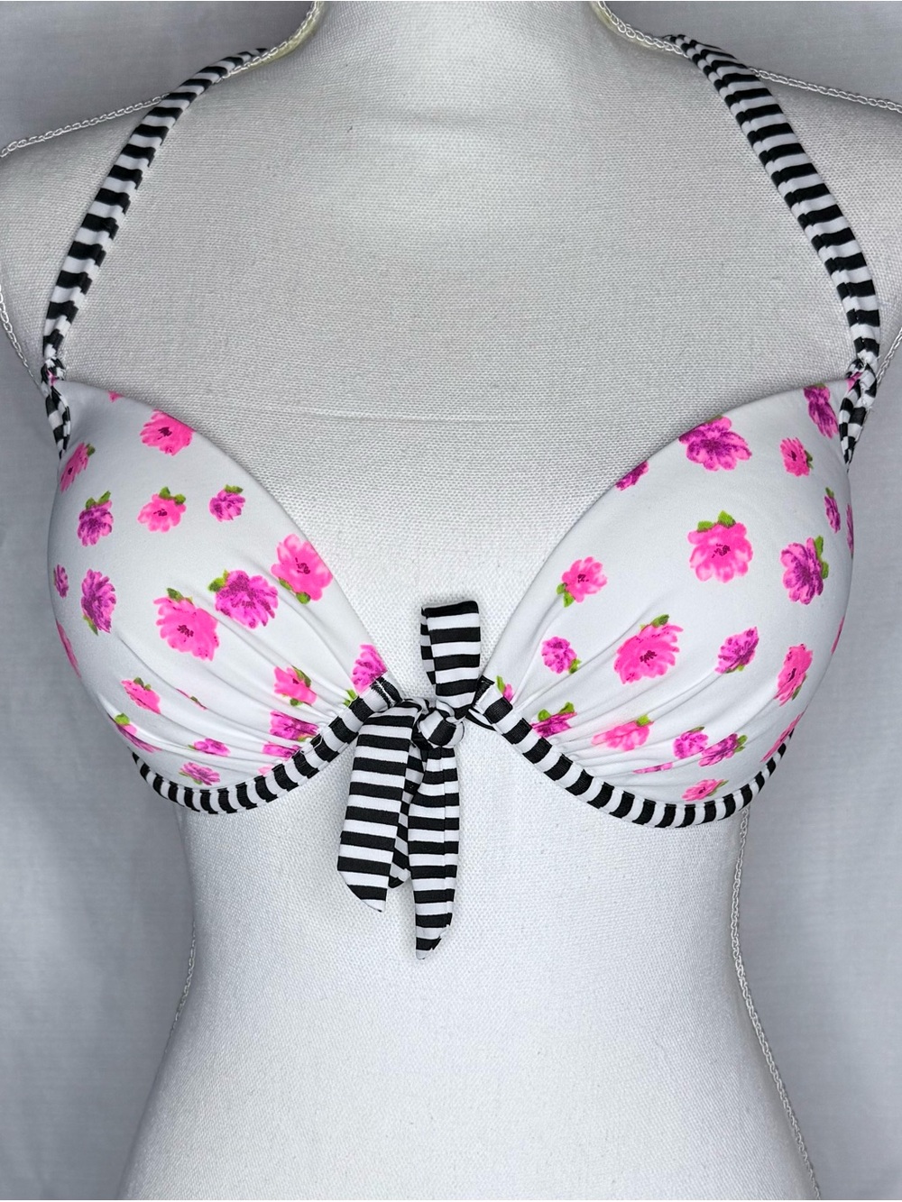 Victoria’s Secret Push Up Bikini Top 34D Floral Stripe Halter Swim Top